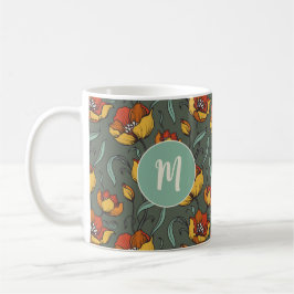 Retro Floral Green Gold Orange Monogramm Kaffeetasse