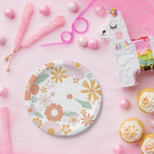 Retro Floral groovy Birthday Pappteller (Party)