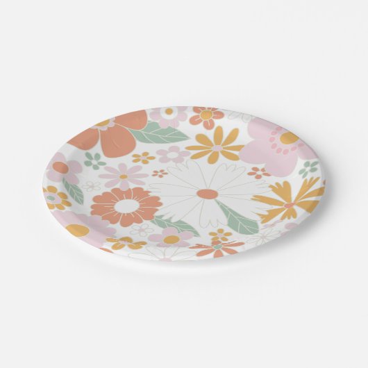 Retro Floral groovy Birthday Pappteller (Schrägansicht)