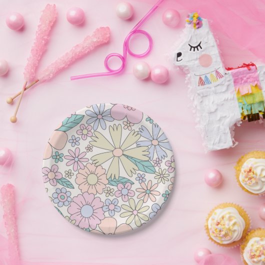 Retro Floral groovy Birthday Pappteller (Party)