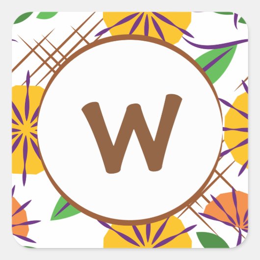 Retro Floral Modernes Muster Gelb + Orange Quadratischer Aufkleber (Vorderseite)