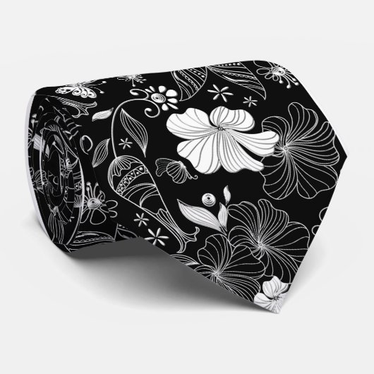 Retro Floral Muster Schwarz & Weiß Krawatte (Gerollt)
