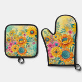 Retro Floral Ofenhandschuh & Topflappen-Set (Vorderseite)