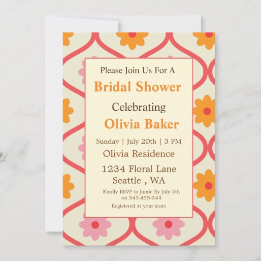 Retro Floral Ogee Mid-Century Modern Bridal Shower Einladung (Vorderseite)