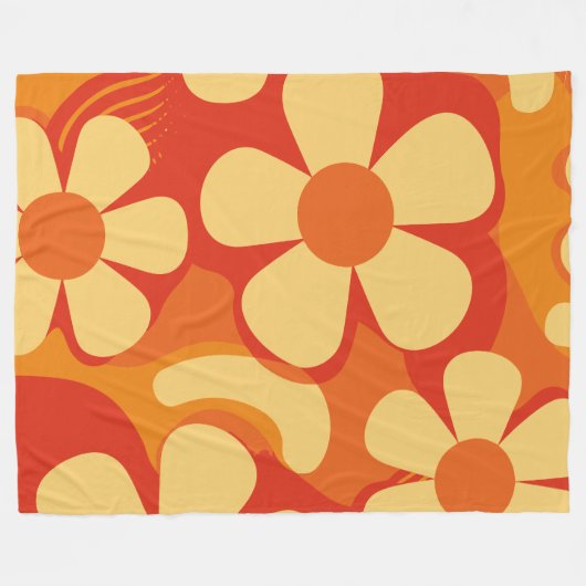 Retro Floral Orange und Gelb Muster Fleecedecke (Vorderseite (Horizontal))
