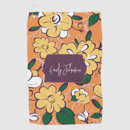 Retro Floral Orange Yellow White Custom Name Golfhandtuch