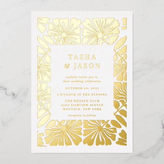 Retro Floral Pattern Frame Wedding Folieneinladung (Vorderseite)