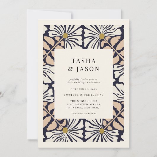 Retro Floral Pattern Frame Wedding Invitation Einladung (Vorderseite)