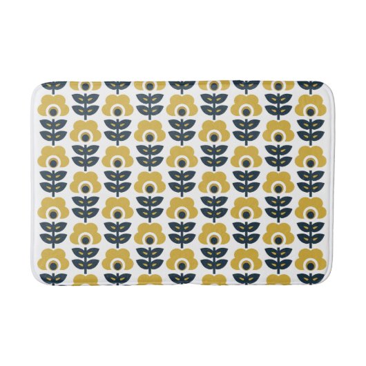 Retro Floral Pattern Marine und Mustard Yellow Badematte (Vorderseite)