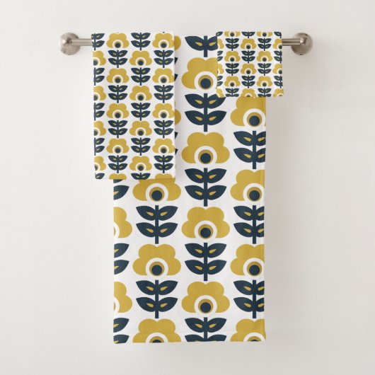 Retro Floral Pattern Marine und Mustard Yellow Badhandtuch Set (Insitu)