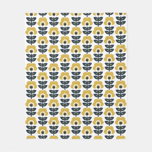 Retro Floral Pattern Marine und Mustard Yellow Fleecedecke (Vorderseite)