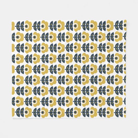 Retro Floral Pattern Marine und Mustard Yellow Fleecedecke (Vorderseite (Horizontal))