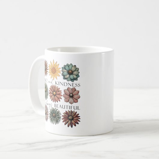 Retro Floral Peace and Kindness Kaffeetasse (Vorderseite Links)