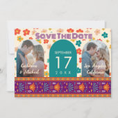 Retro Floral Personalisiert Zwei Fotos Arch Magent Save The Date (Vorderseite)