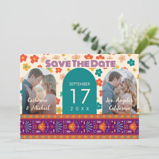 Retro Floral Personalisiert Zwei Fotos Arch Magent Save The Date (Stehend Vorderseite)