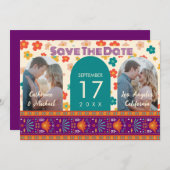 Retro Floral Personalisiert Zwei Fotos Arch Magent Save The Date (Vorne/Hinten)