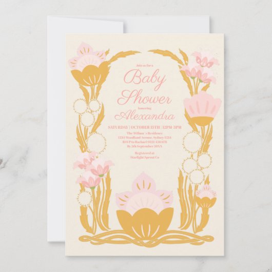 Retro Floral Pink Gold Jugendstil Kinderdusche Einladung (Vorderseite)