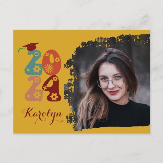 Retro Floral Script Chic Foto Abschluss Einladungspostkarte (Vorderseite)