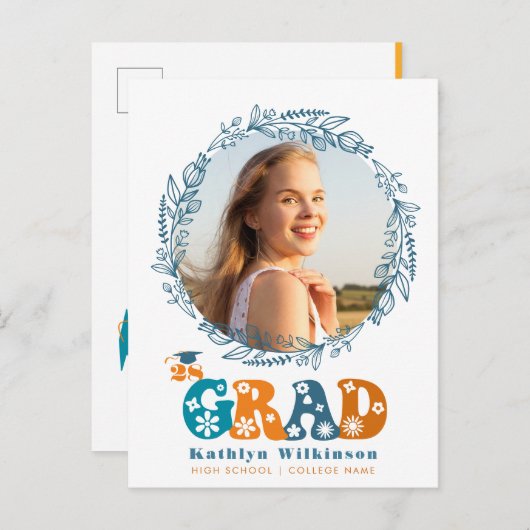 Retro Floral Script Elegantes Foto Graduate Ankündigungspostkarte (Vorne/Hinten)