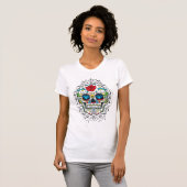 Retro Floral Sugar Skull Rote Rose Blue Diamonds T-Shirt (Vorne ganz)