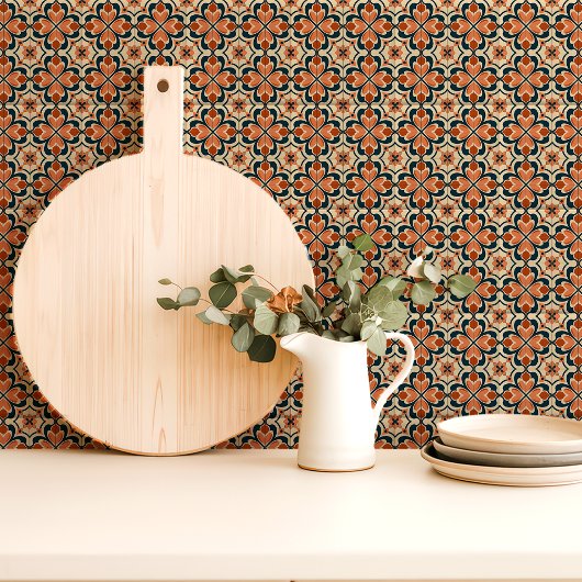 Retro Floral Terracotta und Aquamarin Fliese