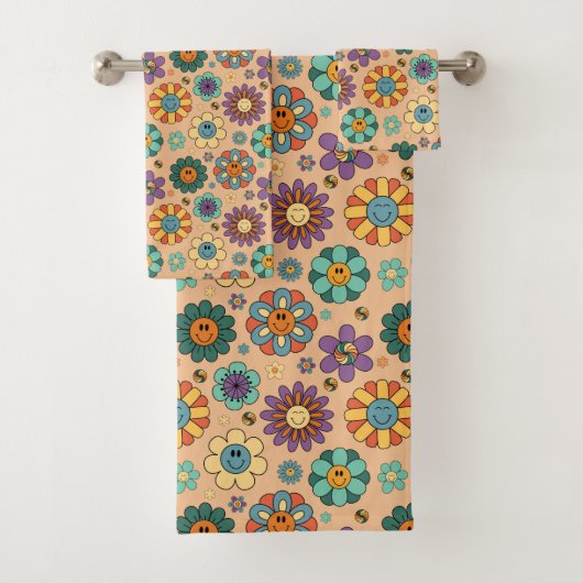 Retro Floral Towel 60s Boho Bath Style Accent Badhandtuch Set (Insitu)