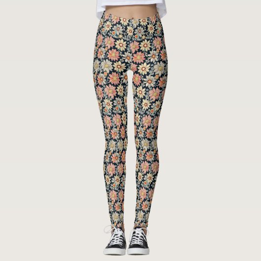 Retro Floral Vintag Daisy Print Leggings (Vorderseite)