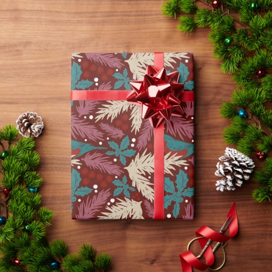 Retro Floral Weihnachten Rotes Aquamarines Muster Geschenkpapier (Feiertagsgeschenk)