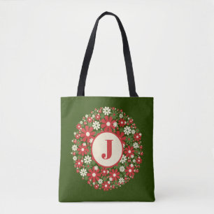 Retro Floral Weihnachtskranz 60er 70er Initial Tasche