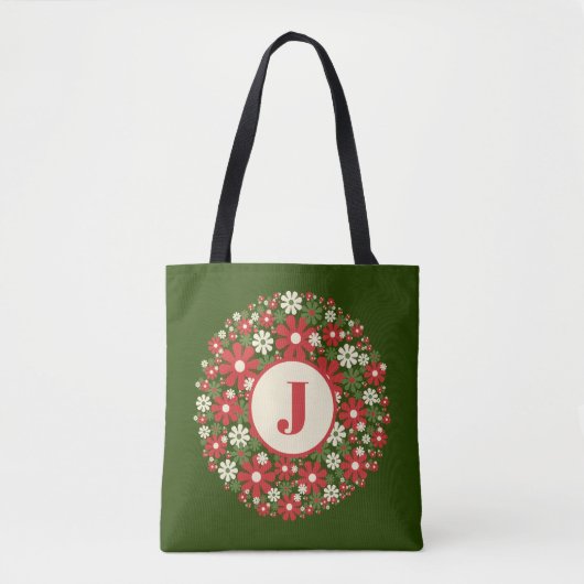 Retro Floral Weihnachtskranz 60er 70er Initial Tasche (Vorderseite)