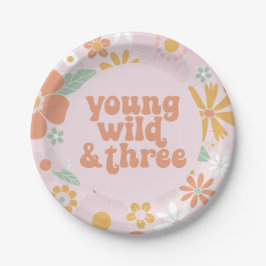 Retro Floral Young Wild Three Birthday Paper Plate Pappteller