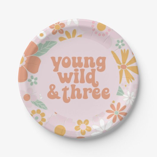 Retro Floral Young Wild Three Birthday Paper Plate Pappteller (Vorderseite)