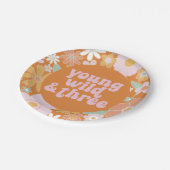 Retro Floral Young Wild Three Birthday Paper Plate Pappteller (Schrägansicht)