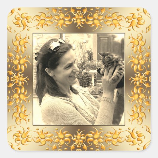 Retro florale barocke goldene Rahmen. Quadratischer Aufkleber (Vorderseite)