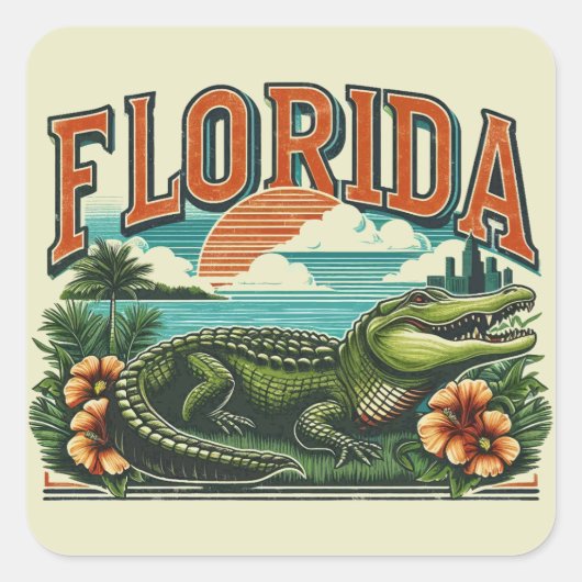 Retro Florida Alligator Quadratischer Aufkleber (Vorderseite)