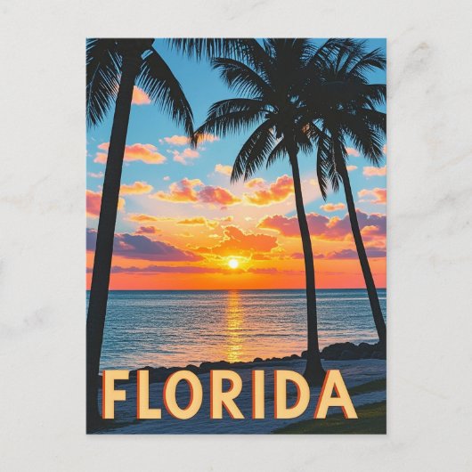 Retro Florida Küstenlandschaft: Palmen und Golden Postkarte (Vorderseite)