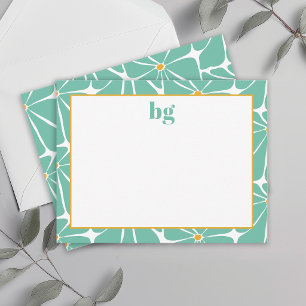 Retro Flower Power Farbige Türkis Monogrammiert Mitteilungskarte