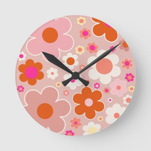 Retro Flowers Peach Blush Pink Orange Floral Runde Wanduhr (Vorderseite)