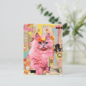 Retro Fluffy Pink Cat Collage Postkarte (Stehend Vorderseite)