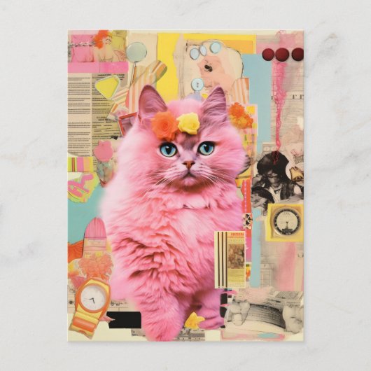 Retro Fluffy Pink Cat Collage Postkarte (Vorderseite)