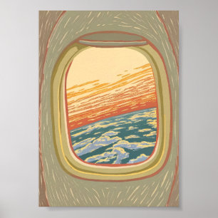 Retro-Flugzeug-Fensterblick-Sonnenuntergang-Wolken Poster