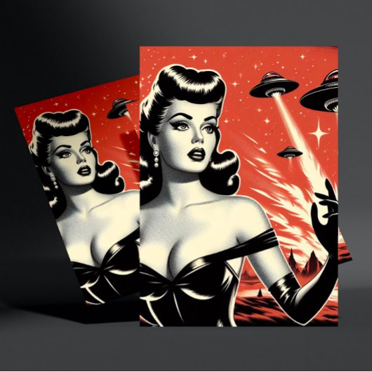 Retro-Flying-Saucer-Pin-up Postkarte