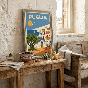 Retro Folk Apulien Italien Olivenbaum Trullo Reise Poster