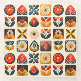 Retro Folk Art Floral Mosaik Design Glasuntersetzer