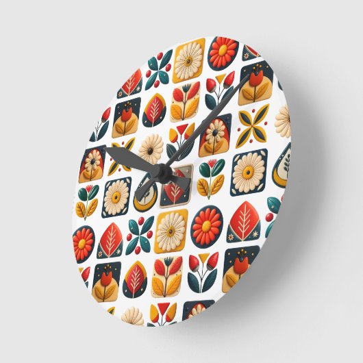 Retro Folk Art Floral Wall Design Runde Wanduhr (Winkel)