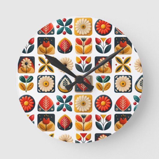 Retro Folk Art Floral Wall Design Runde Wanduhr (Vorderseite)