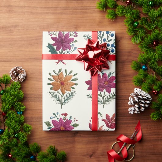Retro Folk Floral Christmas Geschenkpapier (Feiertagsgeschenk)