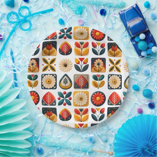 Retro Folk Floral Mosaik Party Charm Pappteller (Party)