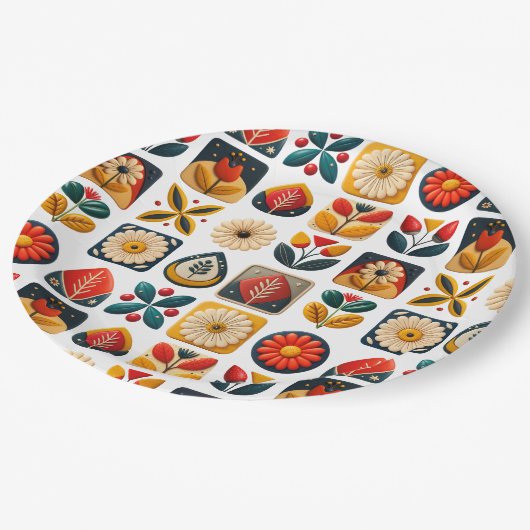 Retro Folk Floral Mosaik Party Charm Pappteller (Schrägansicht)
