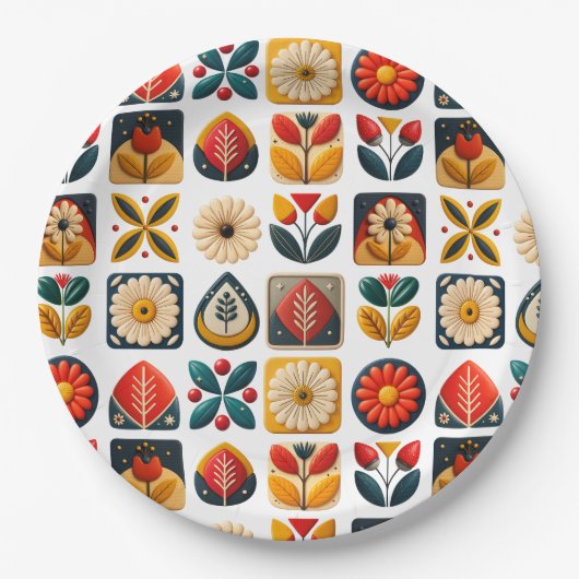 Retro Folk Floral Mosaik Party Charm Pappteller (Vorderseite)